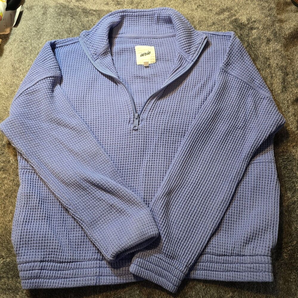 Aerie 1/4 Zip Pullover Womens S Waffle Knit Cropped Mock Neck Pockets Blue